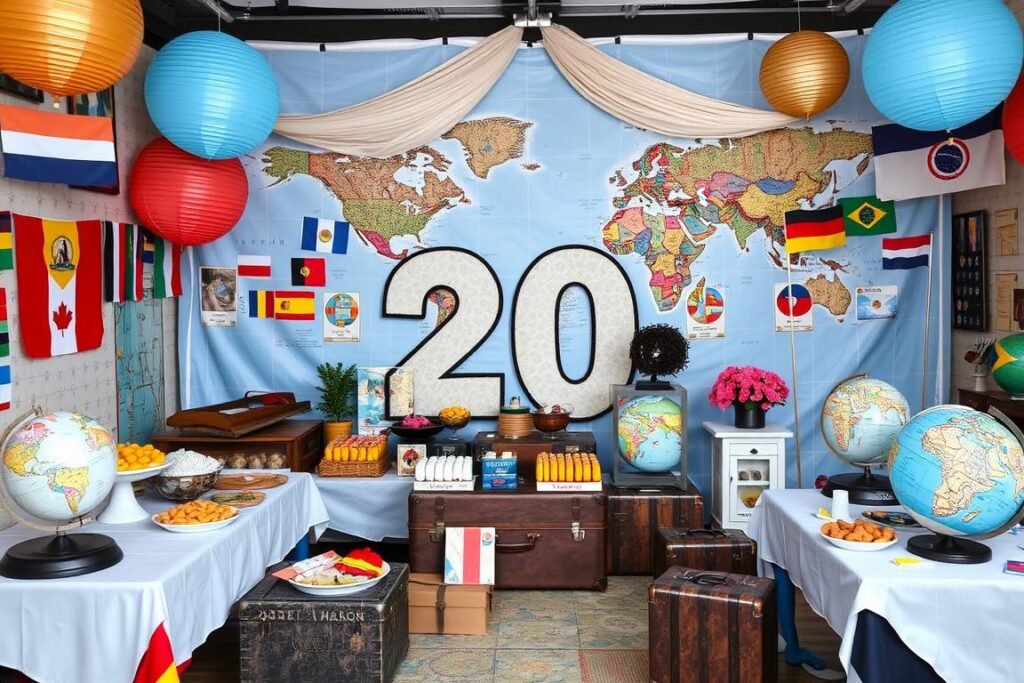 Around the world themed 20th birthday with international decorations and food stations