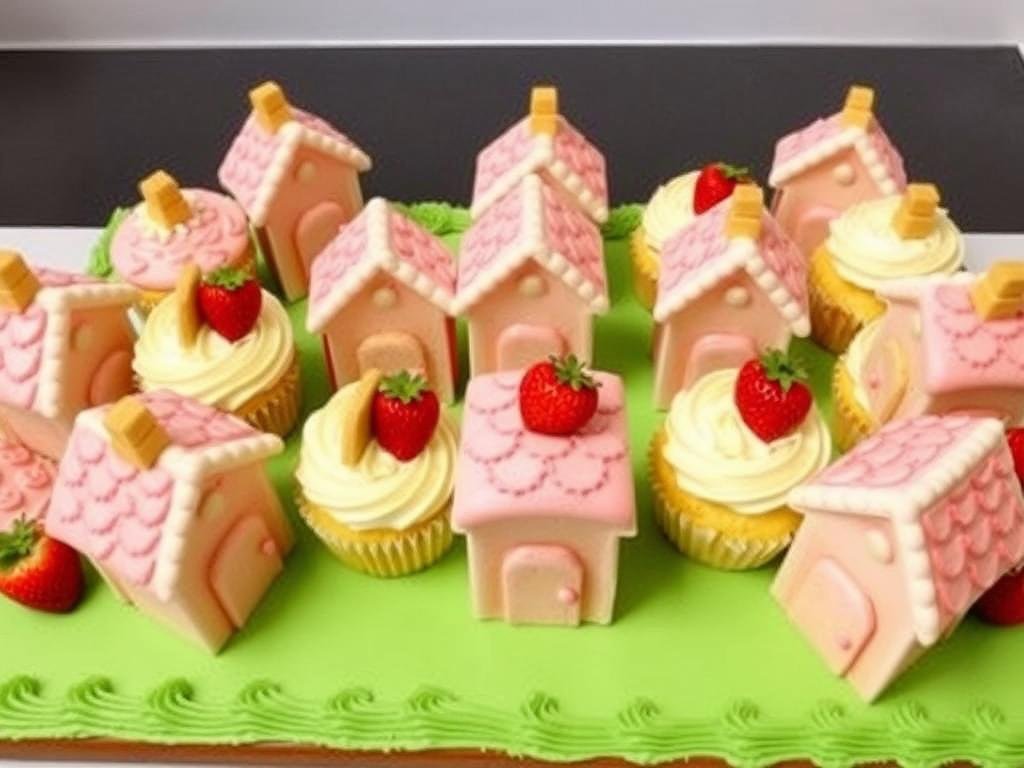 Arrangement of strawberry shortcake cupcakes decorated to look like tiny houses forming a village