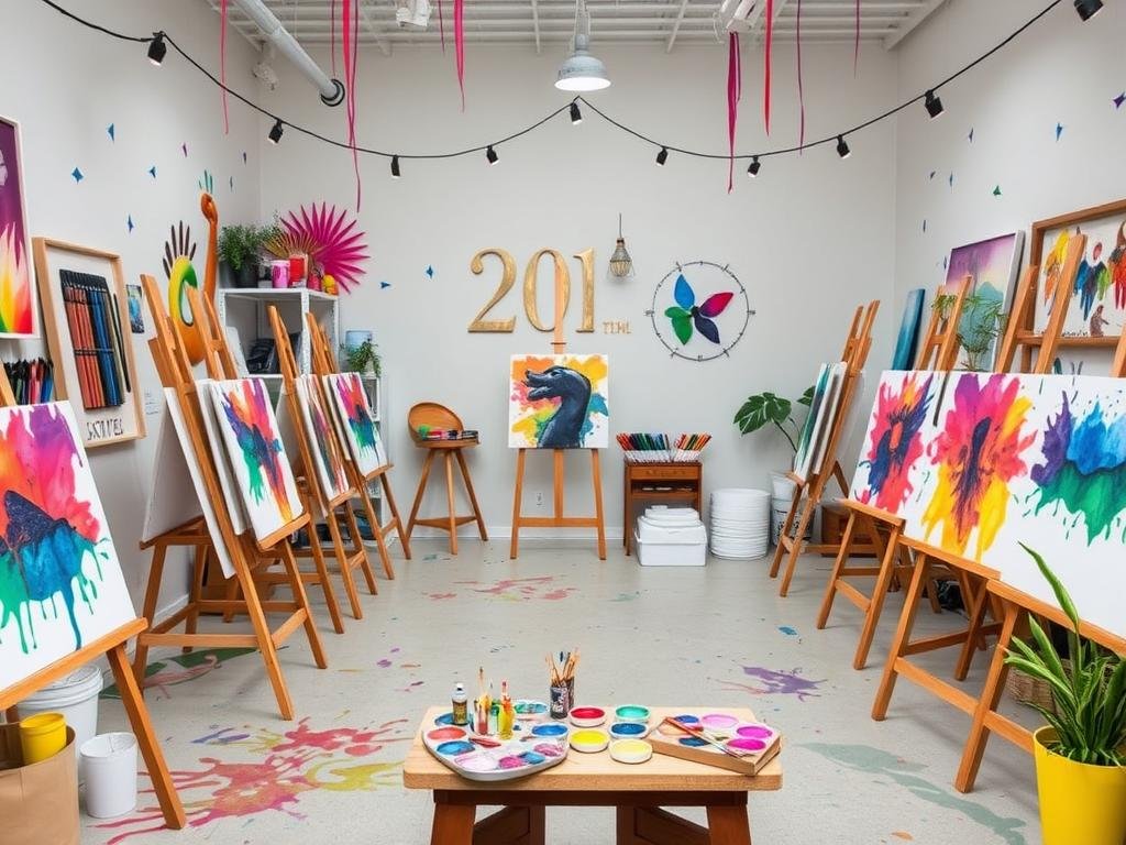 Art studio themed 20th birthday with painting stations and creative decorations