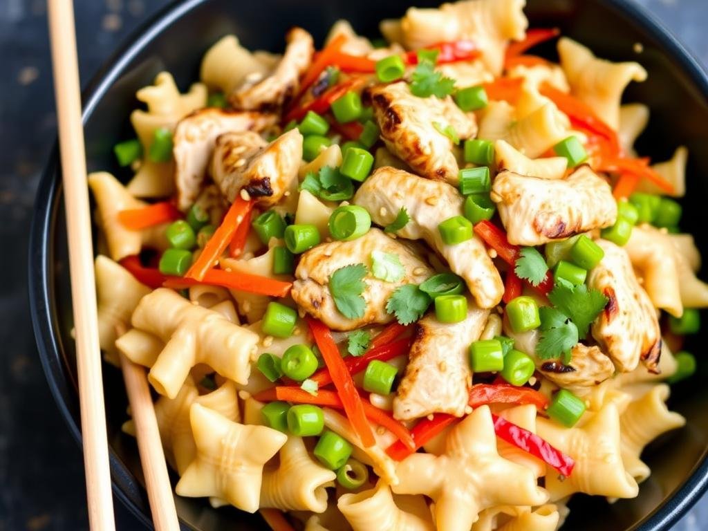 Asian chicken pasta salad with peanut sauce and colorful vegetables