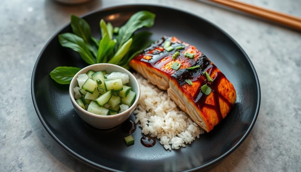 Asian cucumber salad served as part of a complete meal with teriyaki salmon and steamed rice