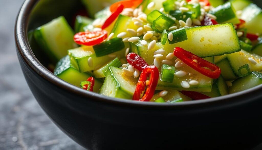 Asian cucumber salad with sesame seeds and chili flakes in a dark bowl