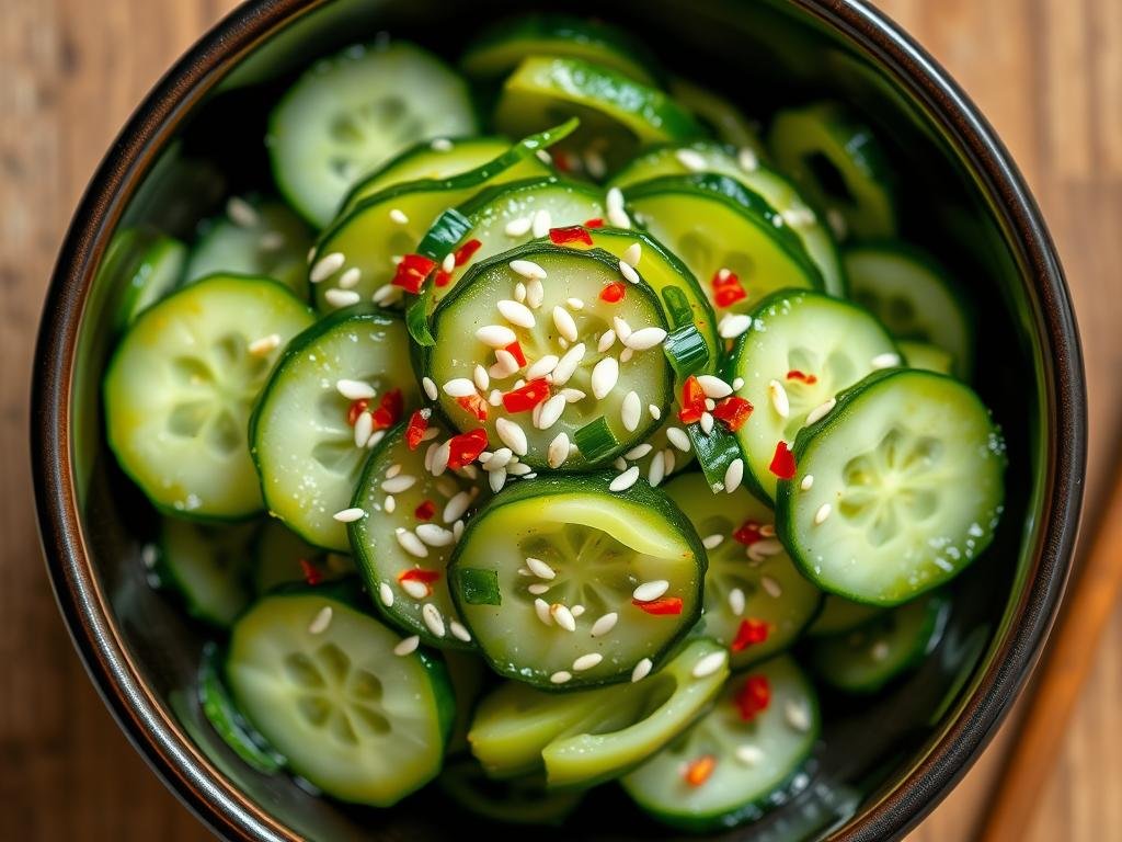 Asian cucumber salad with sesame seeds in a dark bowl, garnished with green onions and red chili flakes