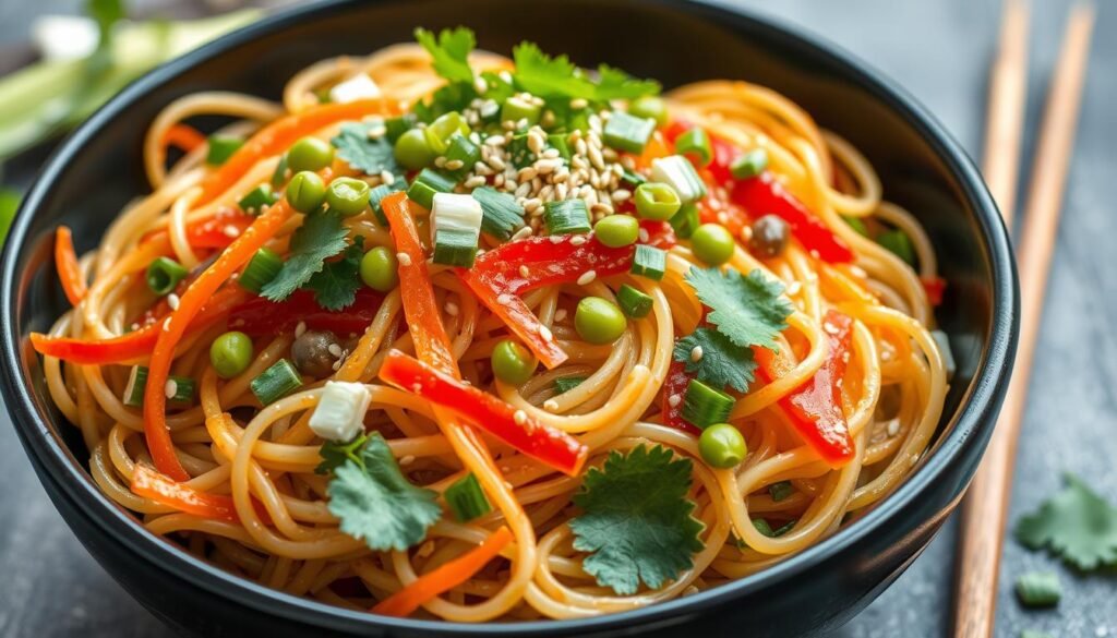Asian-inspired cold pasta salad with sesame dressing and colorful vegetables