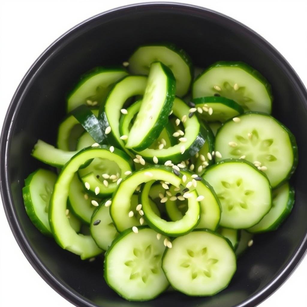 Asian-inspired cucumber salad with vinegar garnished with sesame seeds