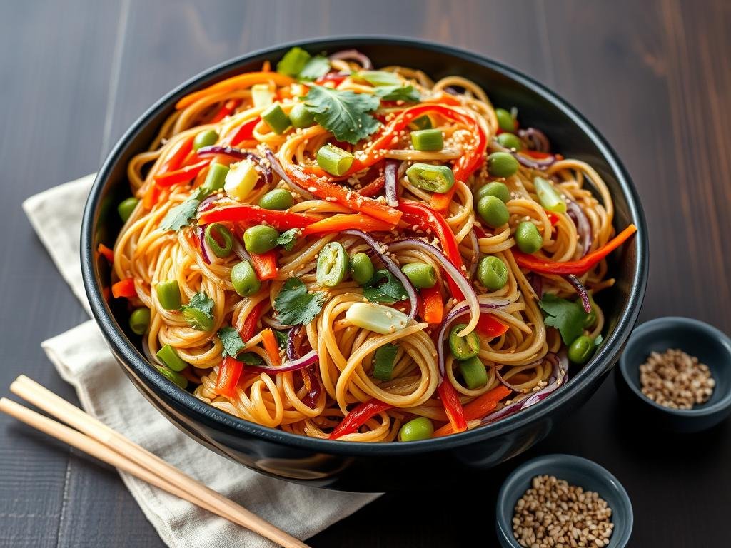 Asian-inspired pasta salad with colorful vegetables, edamame, and sesame seeds