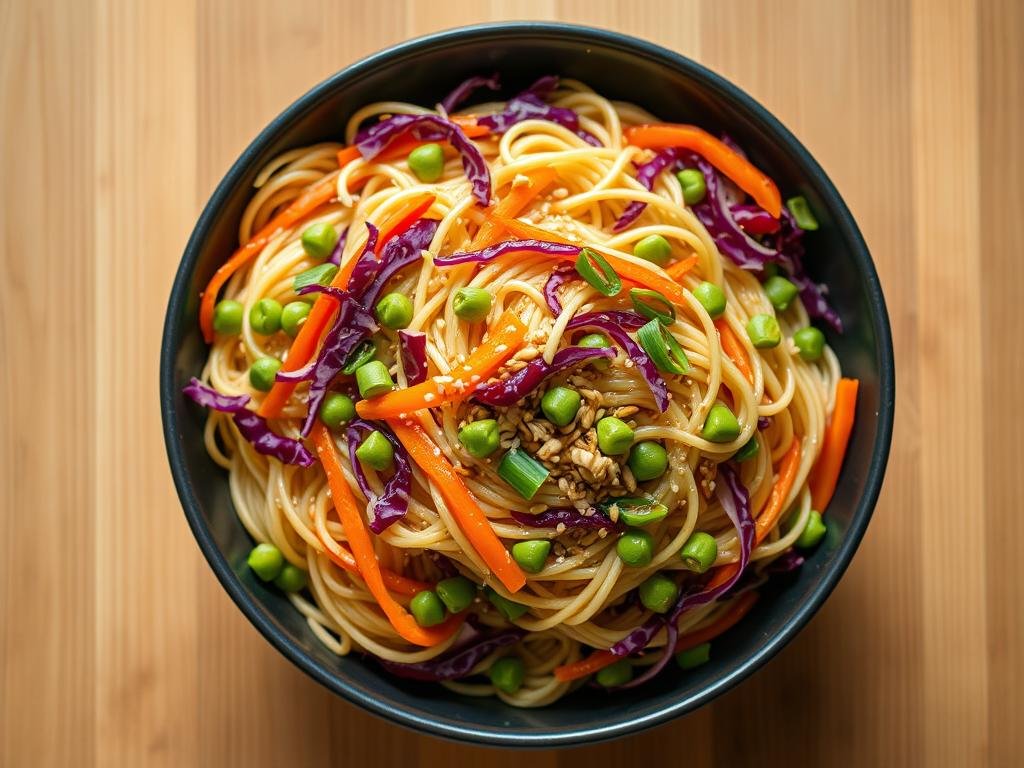 Asian-inspired pasta salad with sesame dressing and vegetables