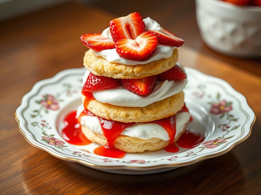 Assembled Bisquick strawberry shortcake showing layers of shortcake, strawberries, and whipped cream
