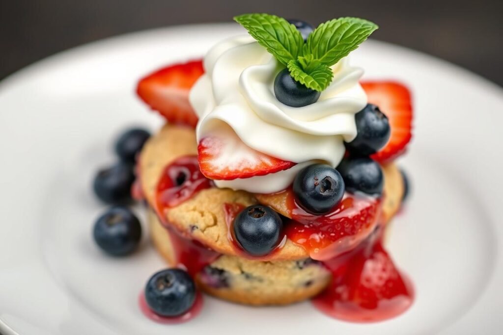 Assembled blueberry muffin strawberry shortcake with whipped cream and fresh berries Assembled blueberry muffin strawberry shortcake with whipped cream and fresh berries