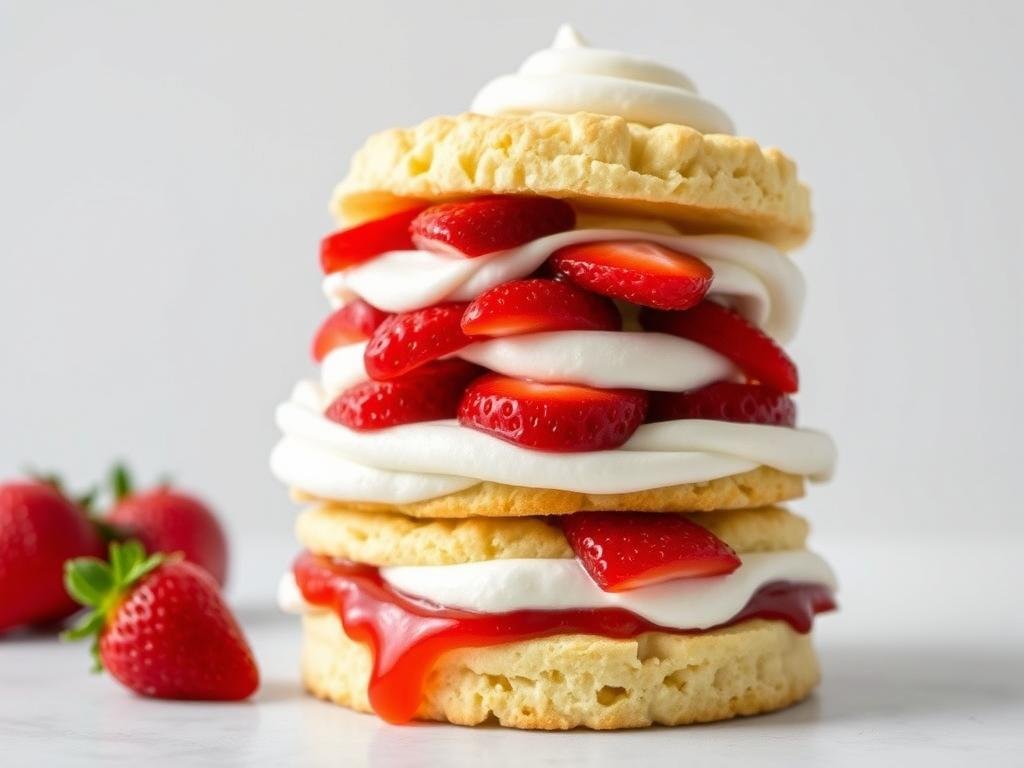 Assembled gluten free strawberry shortcake with layers of biscuit, strawberries and cream
