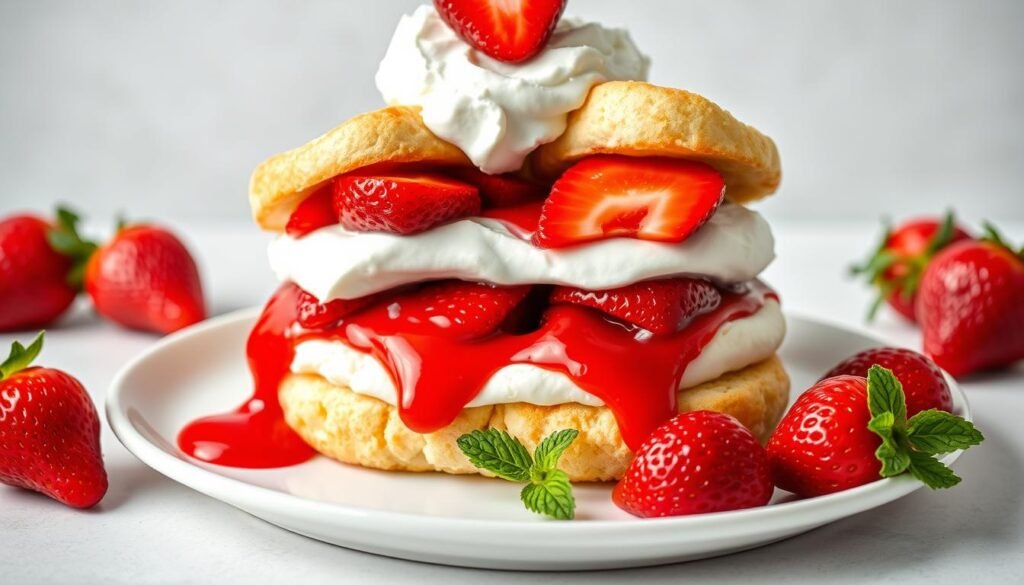 Assembled strawberry shortcake with layers of biscuit, strawberries, and whipped cream