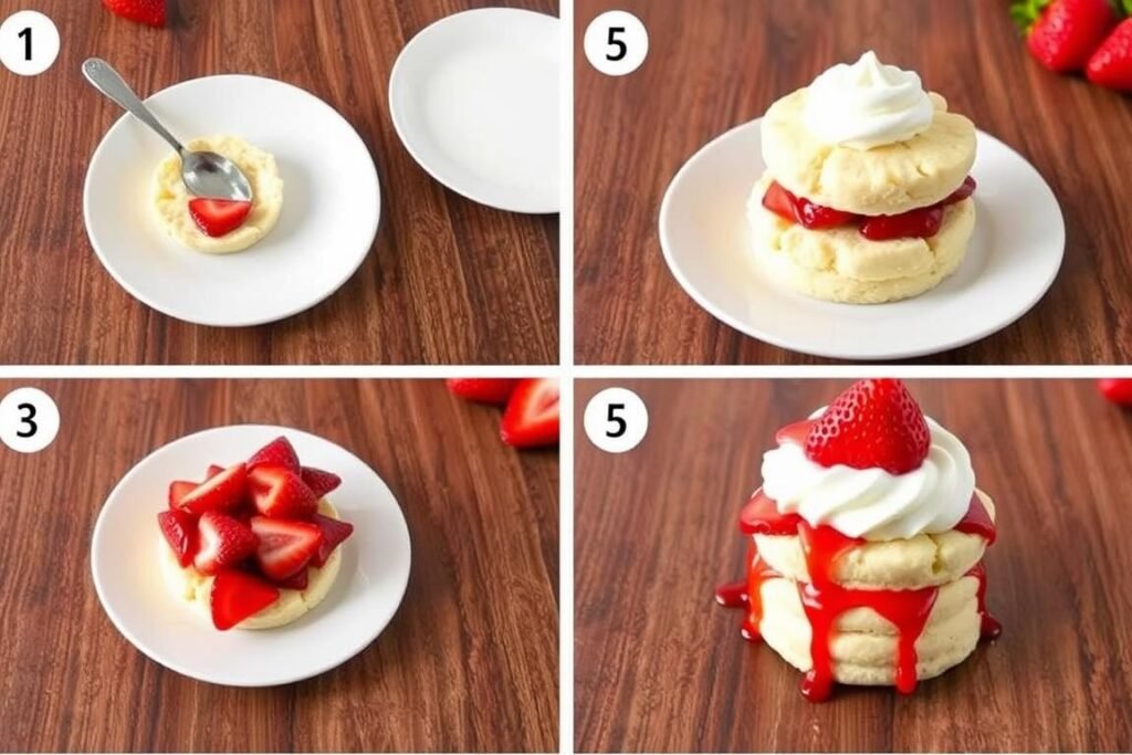 Assembling strawberry shortcake with layers of biscuit, strawberries and cream
