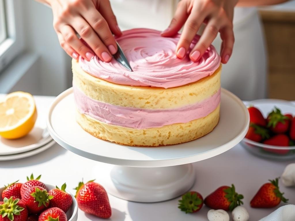 Assembling the lemon strawberry cake with layers of cake and pink frosting