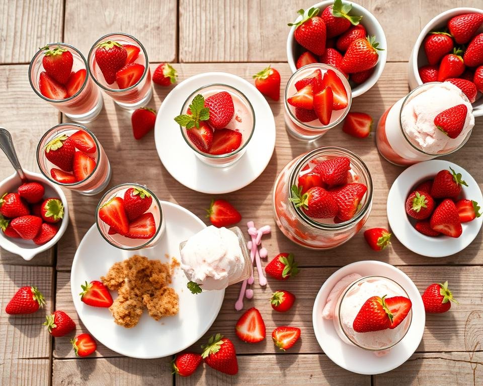 Assortment of easy strawberry desserts arranged on a table for a summer gathering Assortment of easy strawberry desserts arranged on a table for a summer gathering