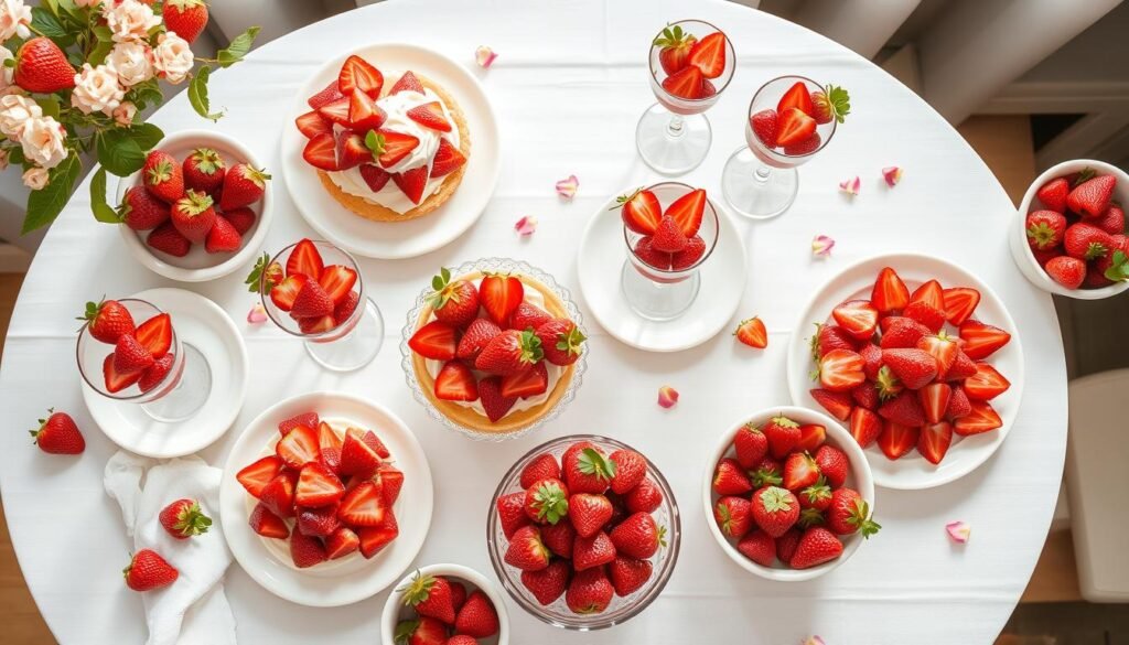 Assortment of fresh strawberry desserts arranged on a table for a summer gathering
