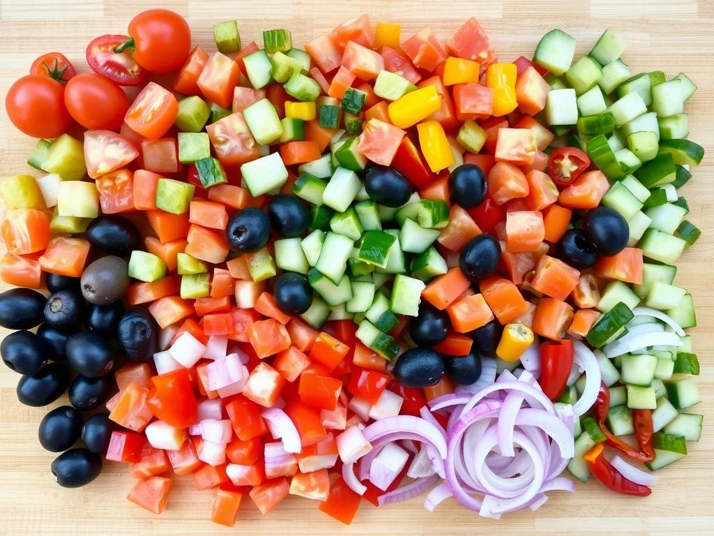 Assortment of fresh vegetables chopped and ready for Italian pasta salad