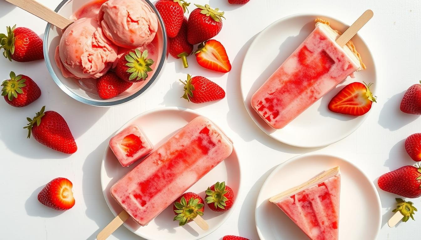 Assortment of frozen strawberry desserts including ice cream, popsicles, and frozen pie