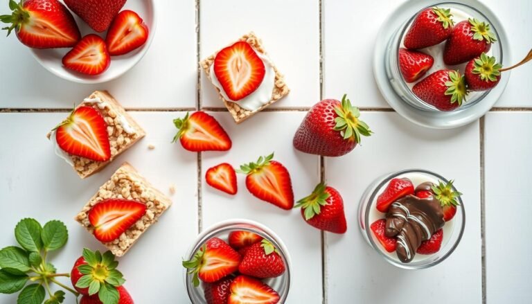 Assortment of healthy strawberry desserts including oatmeal bars, yogurt parfaits, and chocolate-dipped strawberries