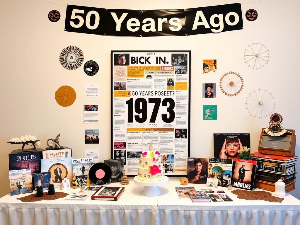 Back in 1973 poster and decorative elements showing events and facts from birth year Back in 1973 poster and decorative elements showing events and facts from birth year