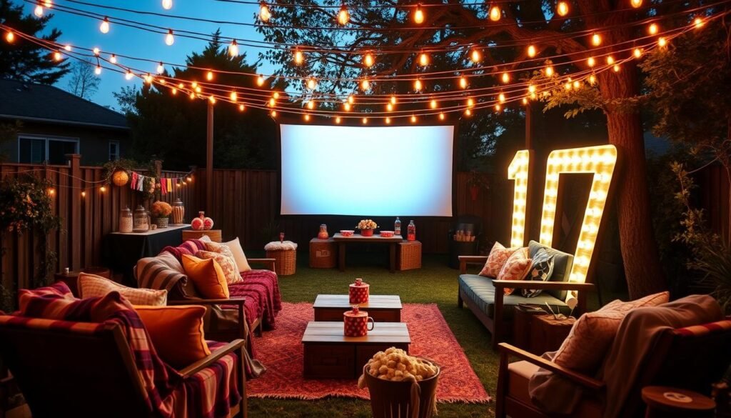 Backyard cinema 17th birthday theme with outdoor movie screen, cozy seating, and string lights Backyard cinema 17th birthday theme with outdoor movie screen, cozy seating, and string lights