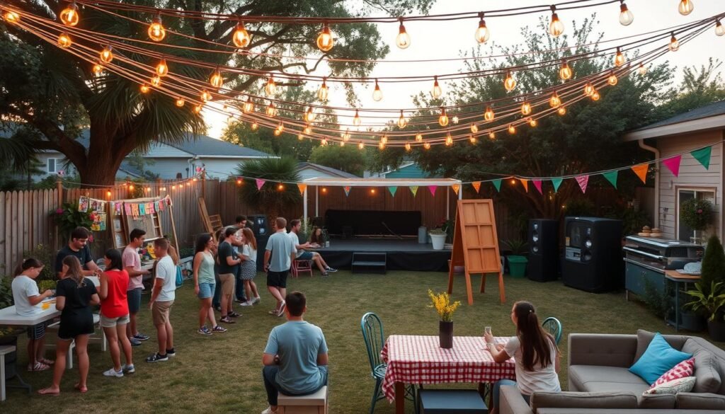 Backyard festival setup with string lights, activity stations, and teens enjoying various games