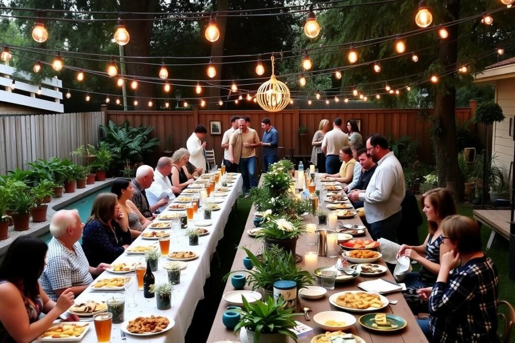 Backyard potluck dinner party for 30th birthday with string lights and DIY decorations
