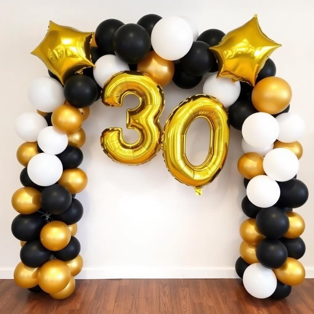 Balloon arch with large '30' number balloons as a party backdrop Balloon arch with large '30' number balloons as a party backdrop
