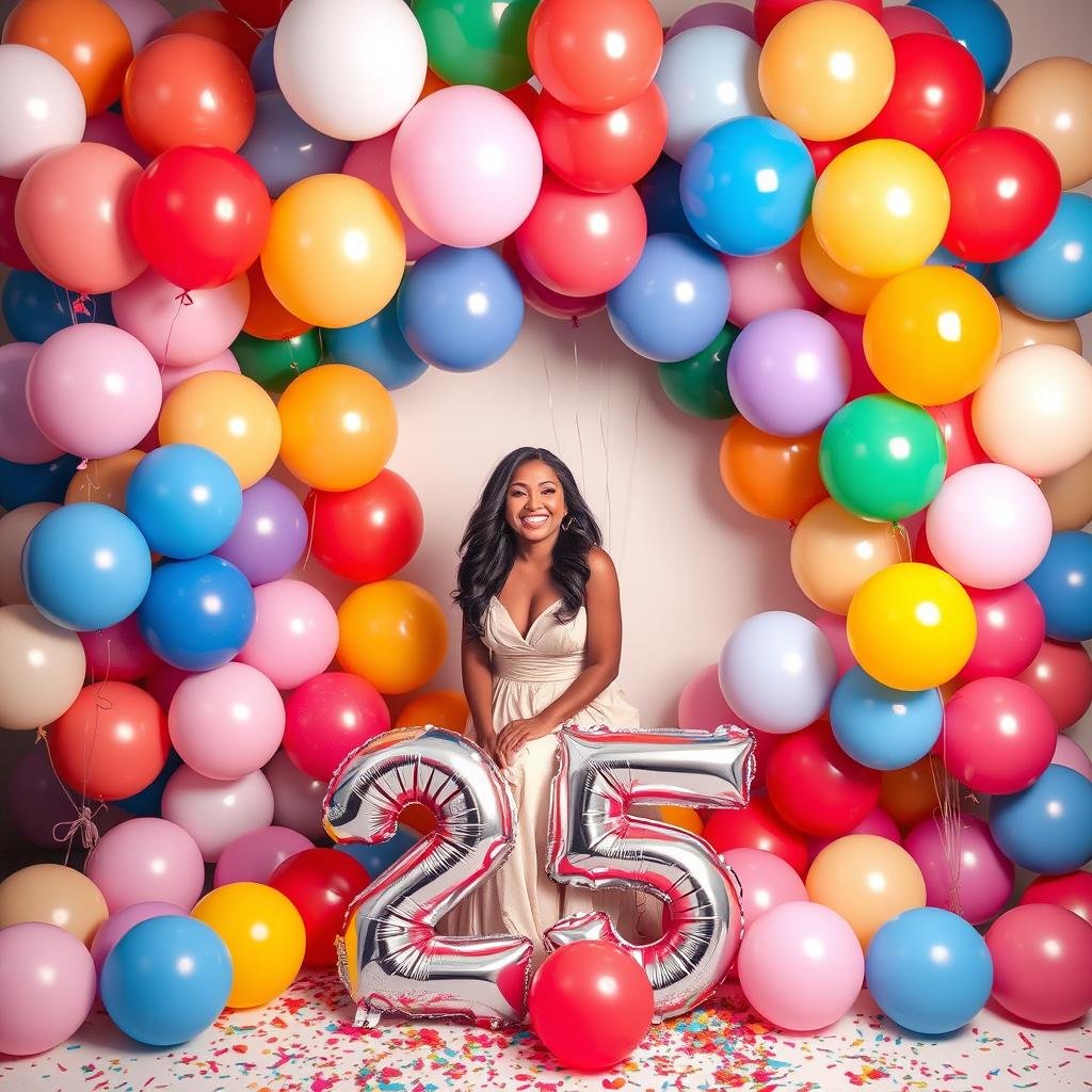 Balloon extravaganza 25th birthday photoshoot with colorful balloons Balloon extravaganza 25th birthday photoshoot with colorful balloons