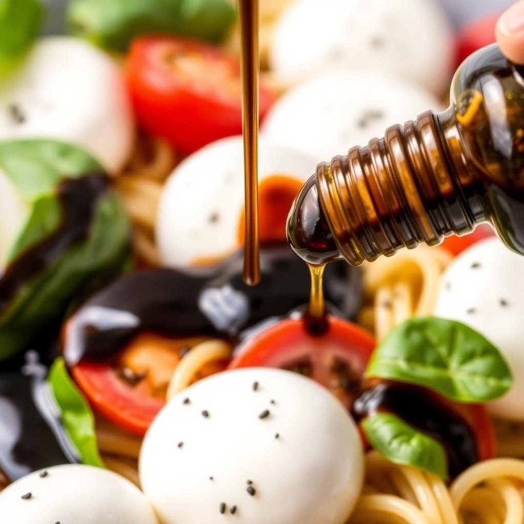Balsamic glaze being drizzled over Caprese pasta salad