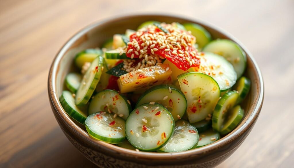 Beautiful serving of korean cucumber salad garnished with sesame seeds