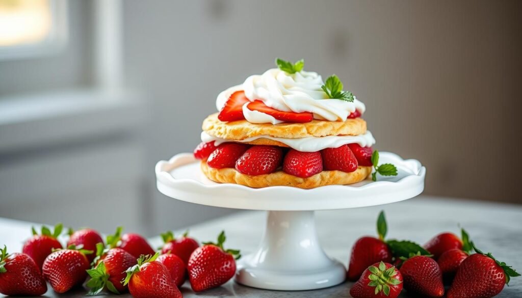 Beautiful strawberry shortcake on a cake stand surrounded by fresh strawberries