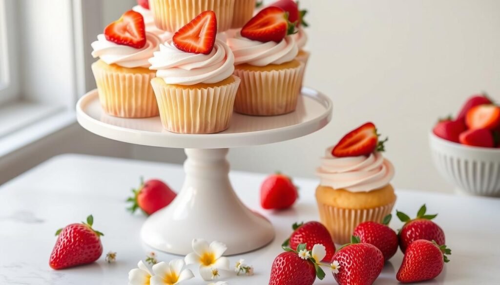 Beautifully arranged strawberry shortcake cupcakes on a tiered cake stand Beautifully arranged strawberry shortcake cupcakes on a tiered cake stand
