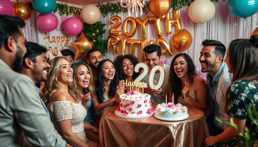 Beautifully decorated 20th birthday celebration with friends enjoying the party