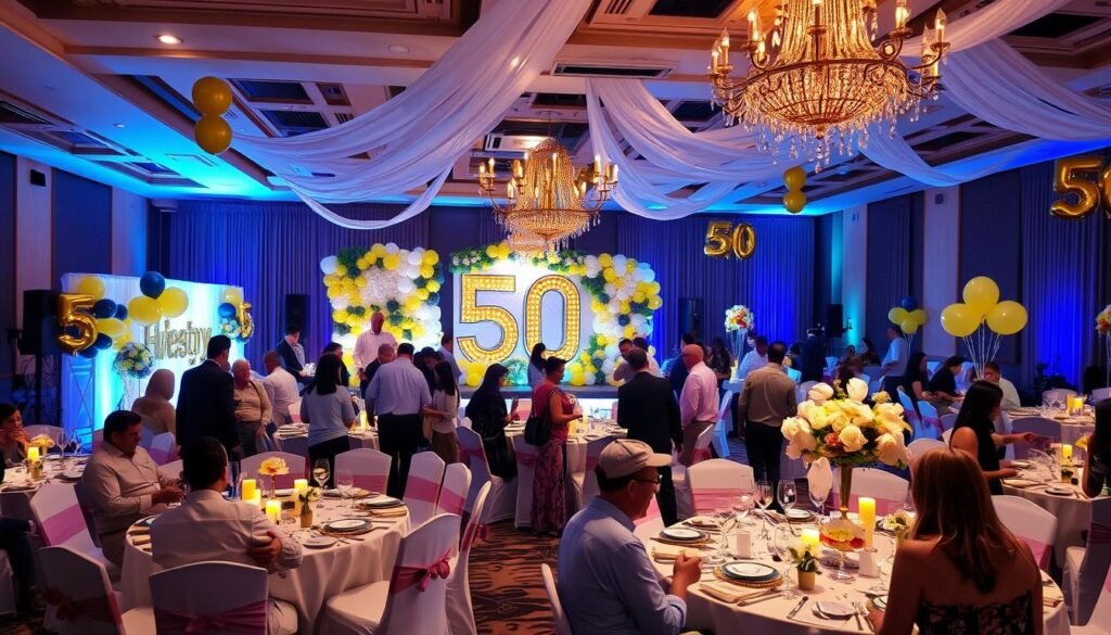 Beautifully decorated 50th birthday celebration with guests enjoying the festive atmosphere Beautifully decorated 50th birthday celebration with guests enjoying the festive atmosphere