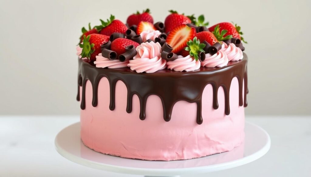 Beautifully decorated chocolate strawberry cake with various decorative elements