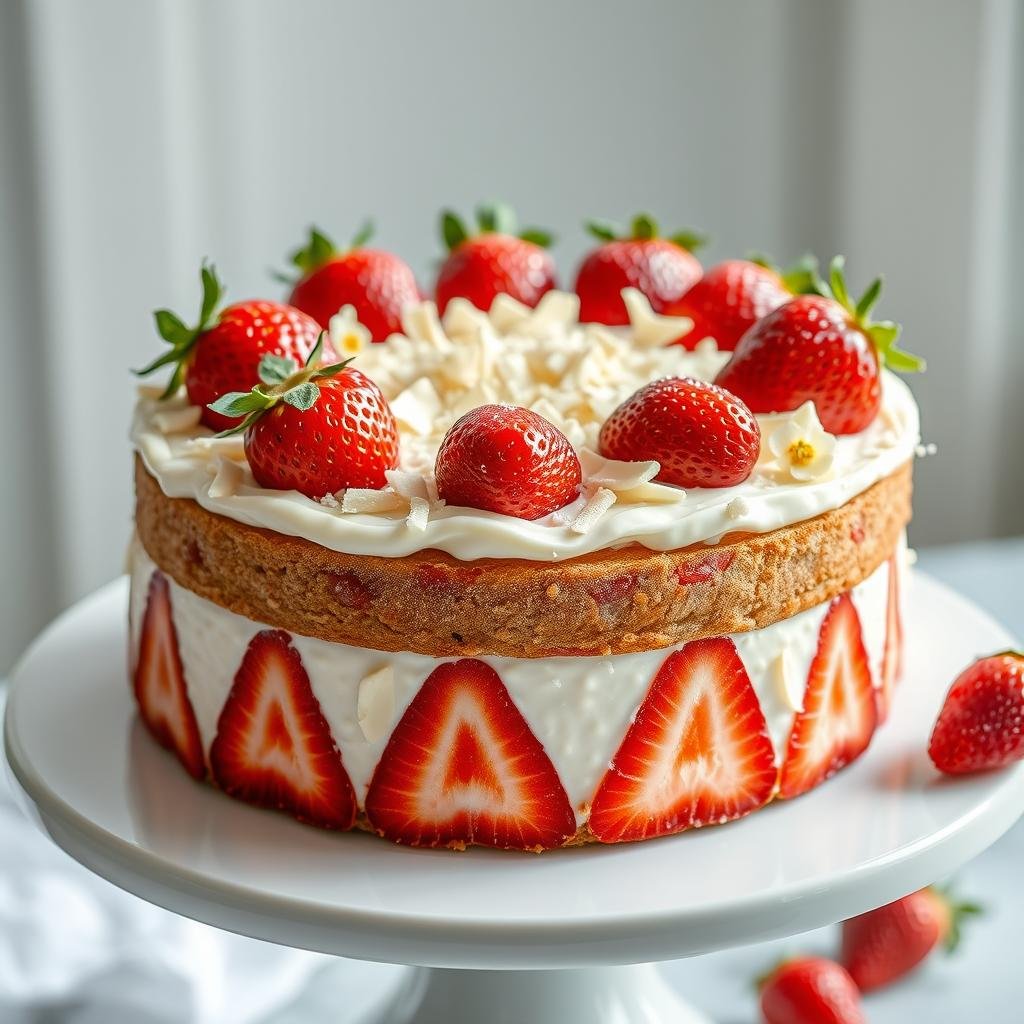 Beautifully decorated homemade strawberry cake with fresh berries and flowers