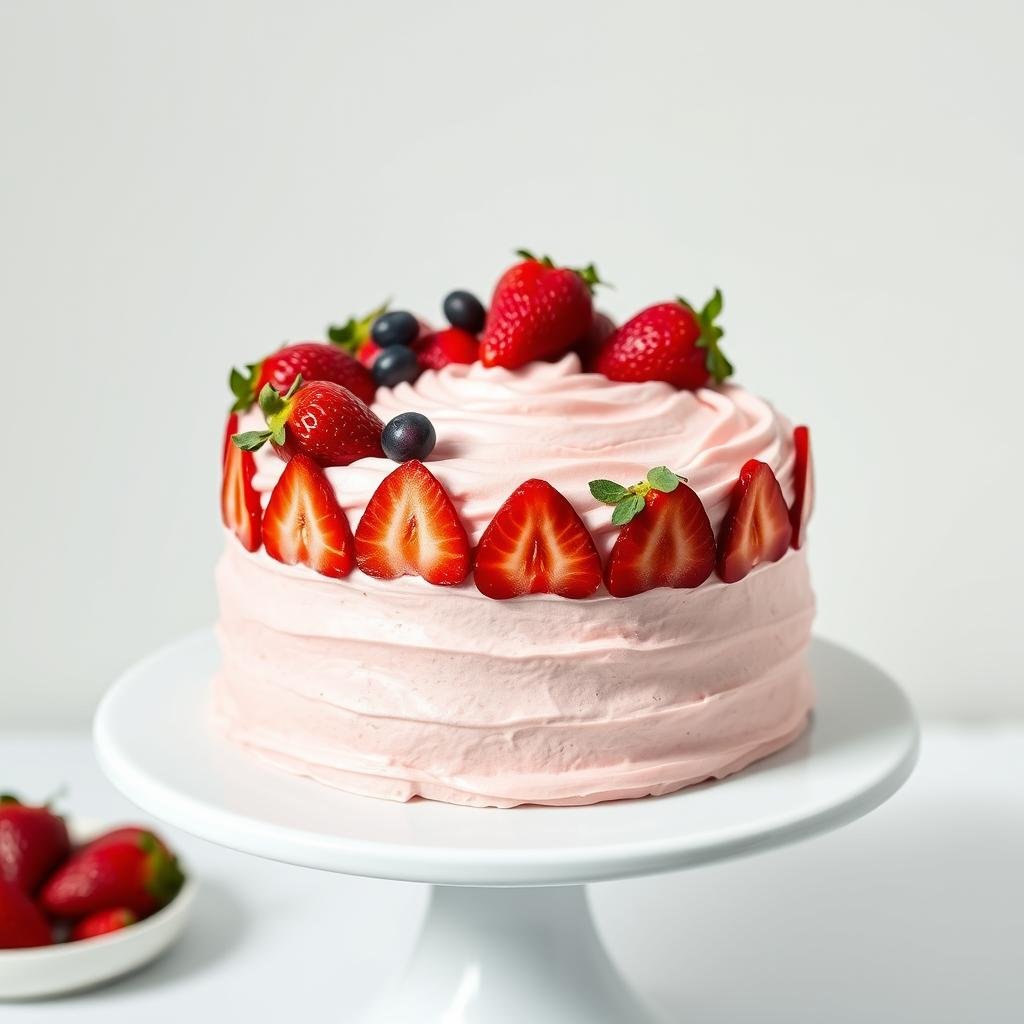 Beautifully decorated homemade strawberry cake with fresh strawberries on top Beautifully decorated homemade strawberry cake with fresh strawberries on top