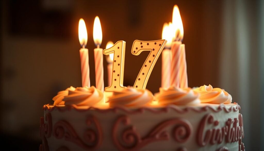 Beautifully lit 17th birthday cake with candles ready for celebration Beautifully lit 17th birthday cake with candles ready for celebration