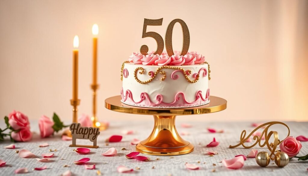 Beautifully presented 50th birthday cake on an elegant cake stand with decorative elements Beautifully presented 50th birthday cake on an elegant cake stand with decorative elements