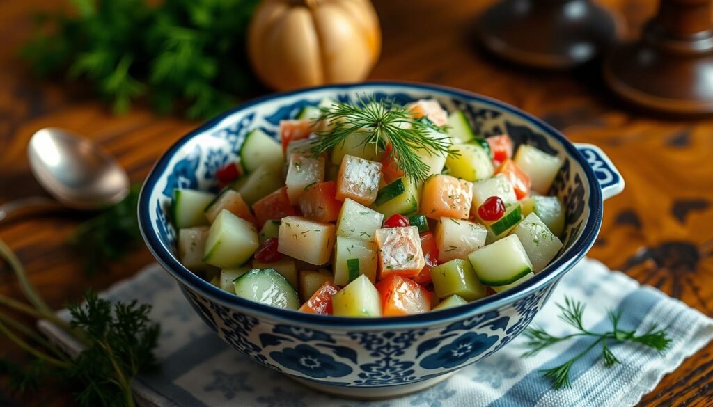 Beautifully presented German cucumber salad in a decorative bowl ready to serve