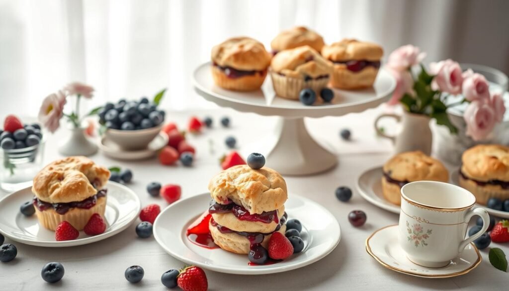 Beautifully presented blueberry muffin strawberry shortcake on a dessert table Beautifully presented blueberry muffin strawberry shortcake on a dessert table