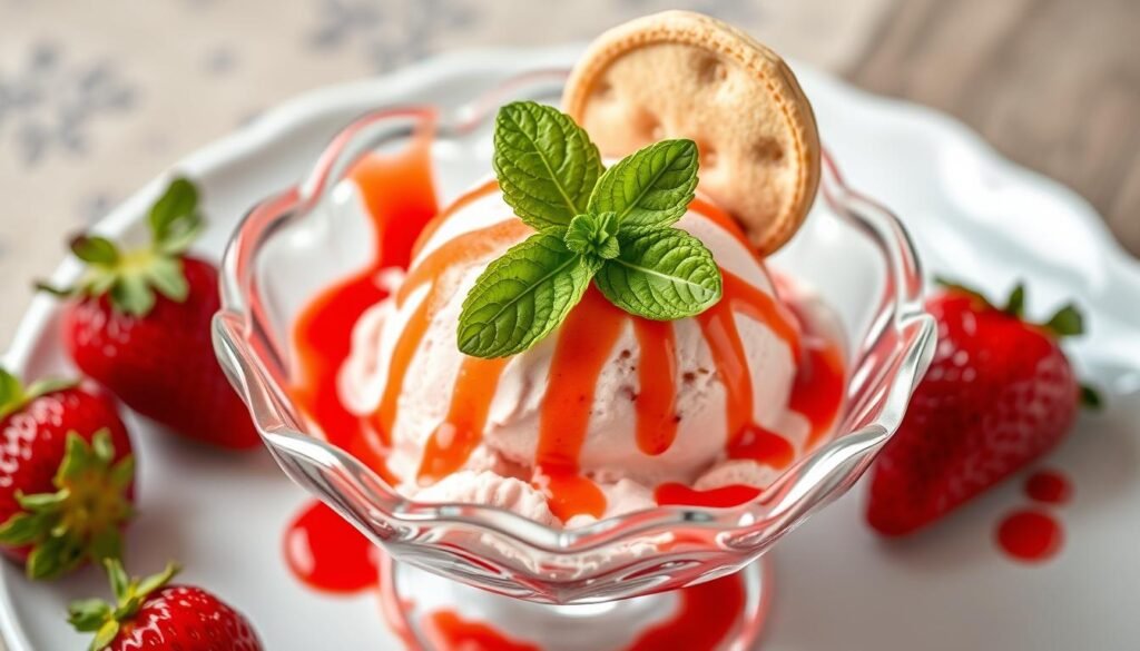 Beautifully presented frozen strawberry dessert with garnishes