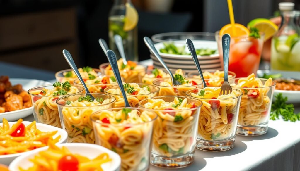 Beautifully presented pasta salad in individual serving cups at a buffet table