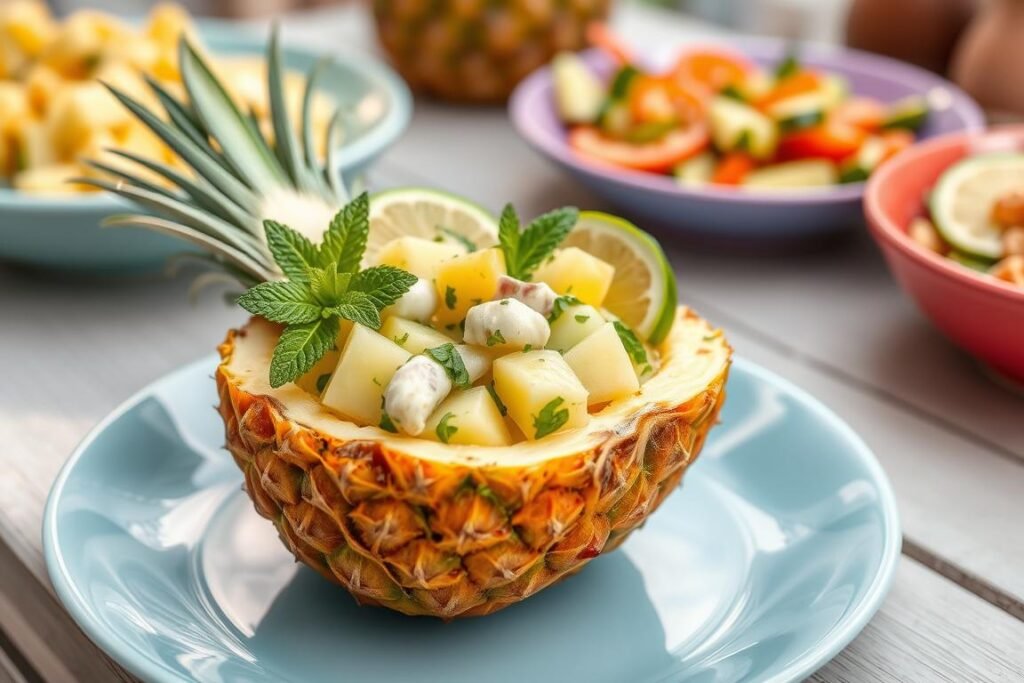 Beautifully presented pineapple cucumber salad in a hollowed pineapple bowl on a summer table setting
