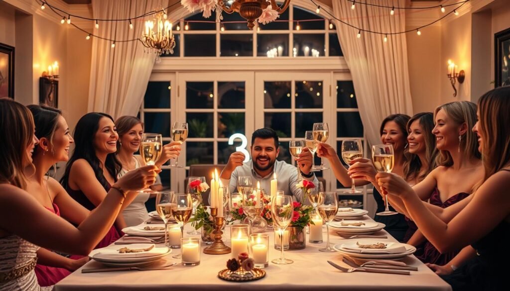 Beautifully styled 30th birthday celebration with friends enjoying an elegant setup with perfect lighting, decorations, and joyful atmosphere embodying the ideal 30th birthday aesthetic