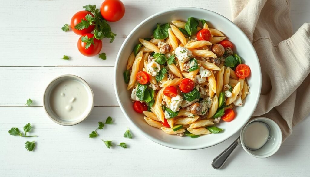 Beautifully styled ranch pasta salad photo perfect for Pinterest sharing Beautifully styled ranch pasta salad photo perfect for Pinterest sharing