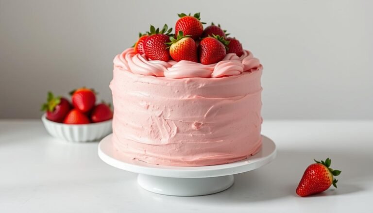 Beautifully styled strawberry cake with fresh berries and pink frosting on a white cake stand for Pinterest photography