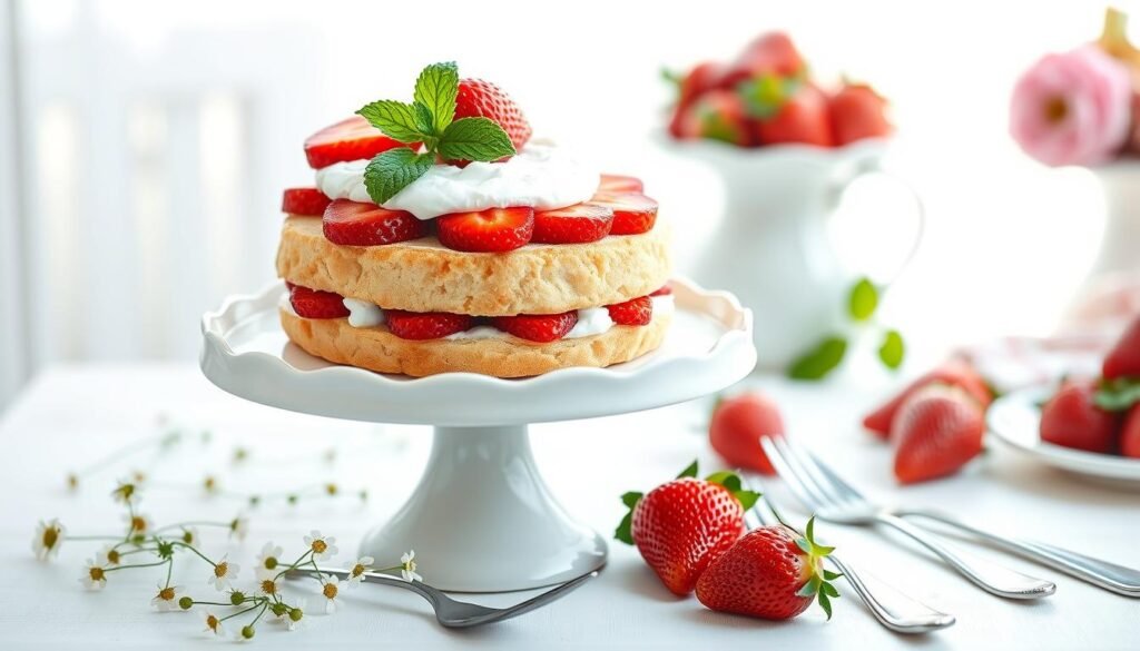 Beautifully styled strawberry shortcake on vintage dishes with fresh flowers