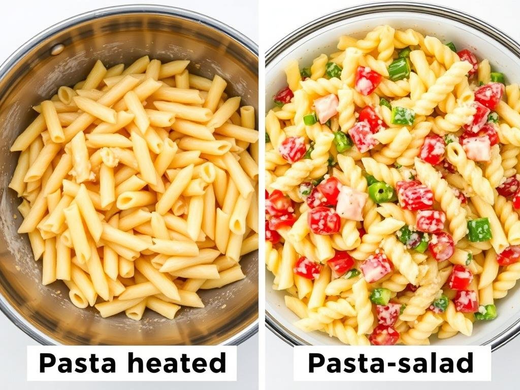 Before and after comparison of properly dressed pasta salad