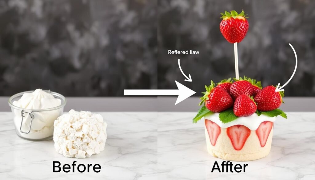 Before and after comparison of strawberry shortcake centerpiece creation showing professional techniques